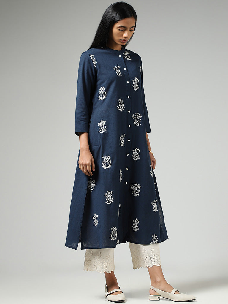 Utsa Indigo Floral Embroidered Buttoned Down Kurta