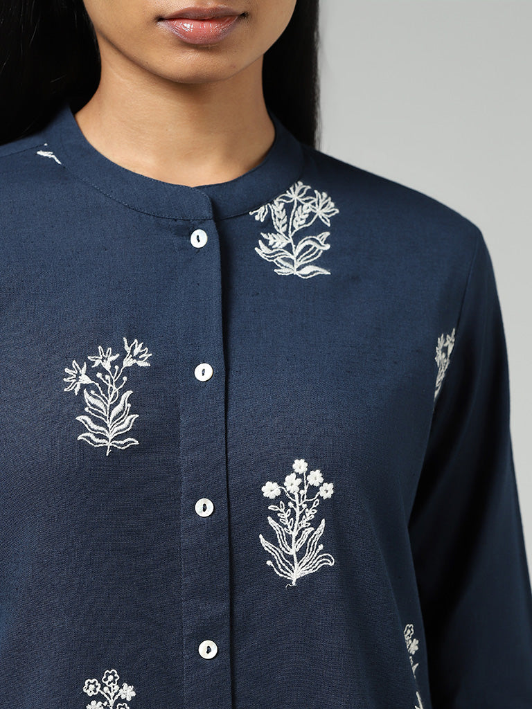 Utsa Indigo Floral Embroidered Buttoned Down Kurta