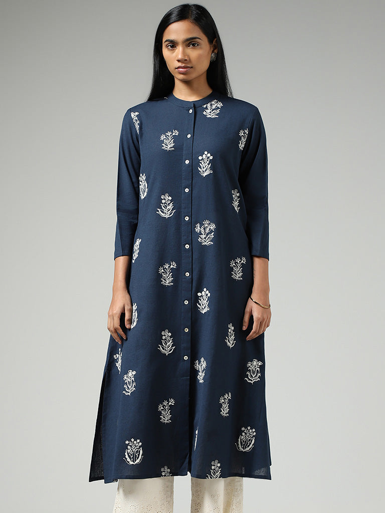 Utsa Indigo Floral Embroidered Buttoned Down Kurta