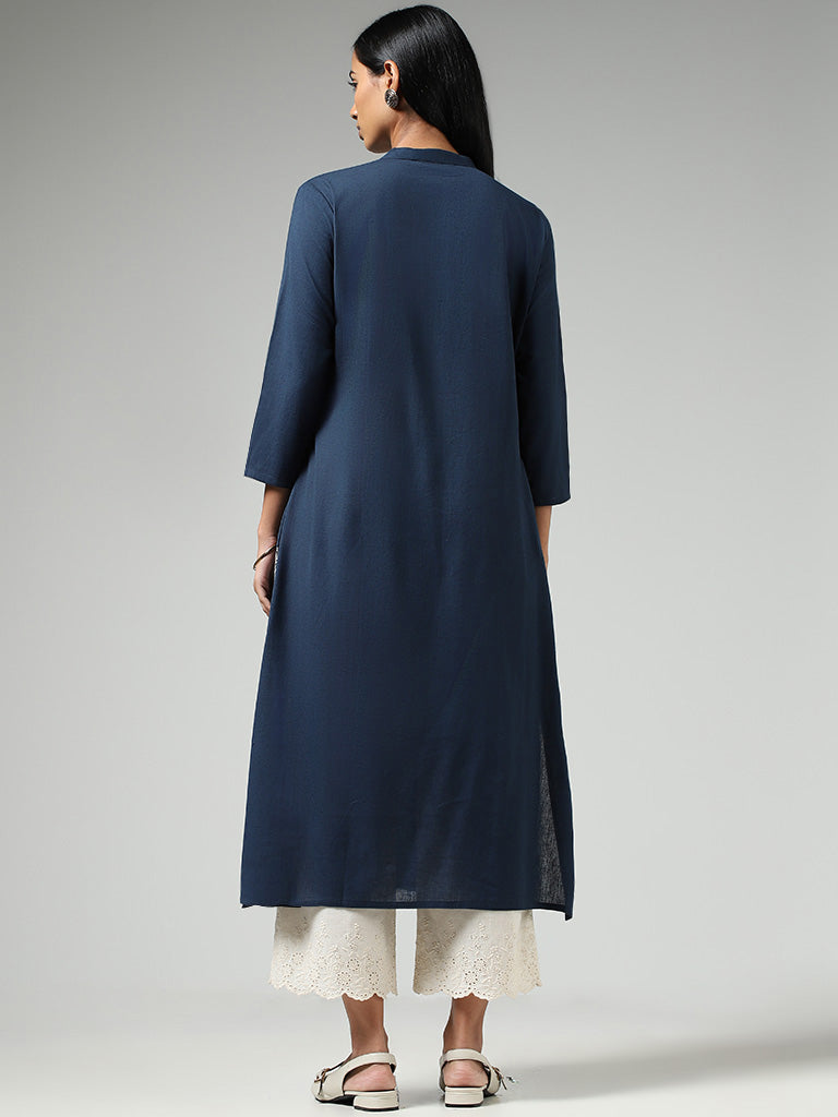 Utsa Indigo Floral Embroidered Buttoned Down Kurta