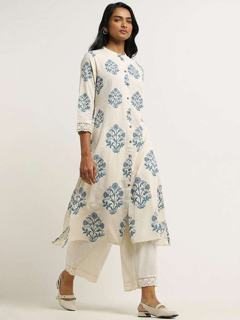 Utsa White Printed Lace Insert Blended Linen Kurta