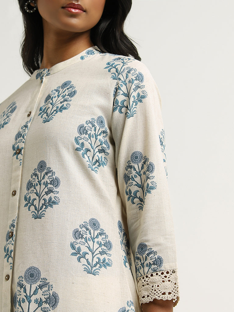 Utsa White Printed Lace Insert Blended Linen Kurta