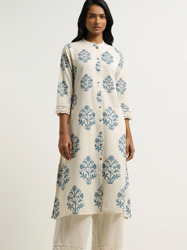 Utsa White Printed Lace Insert Blended Linen Kurta