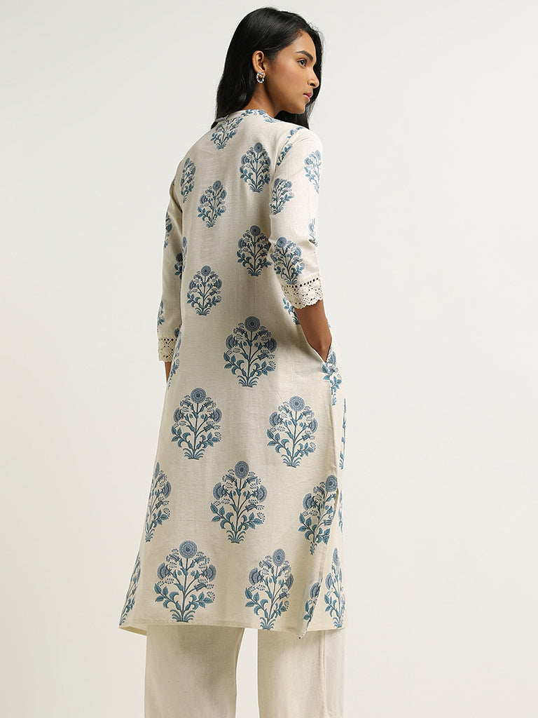 Utsa White Printed Lace Insert Blended Linen Kurta