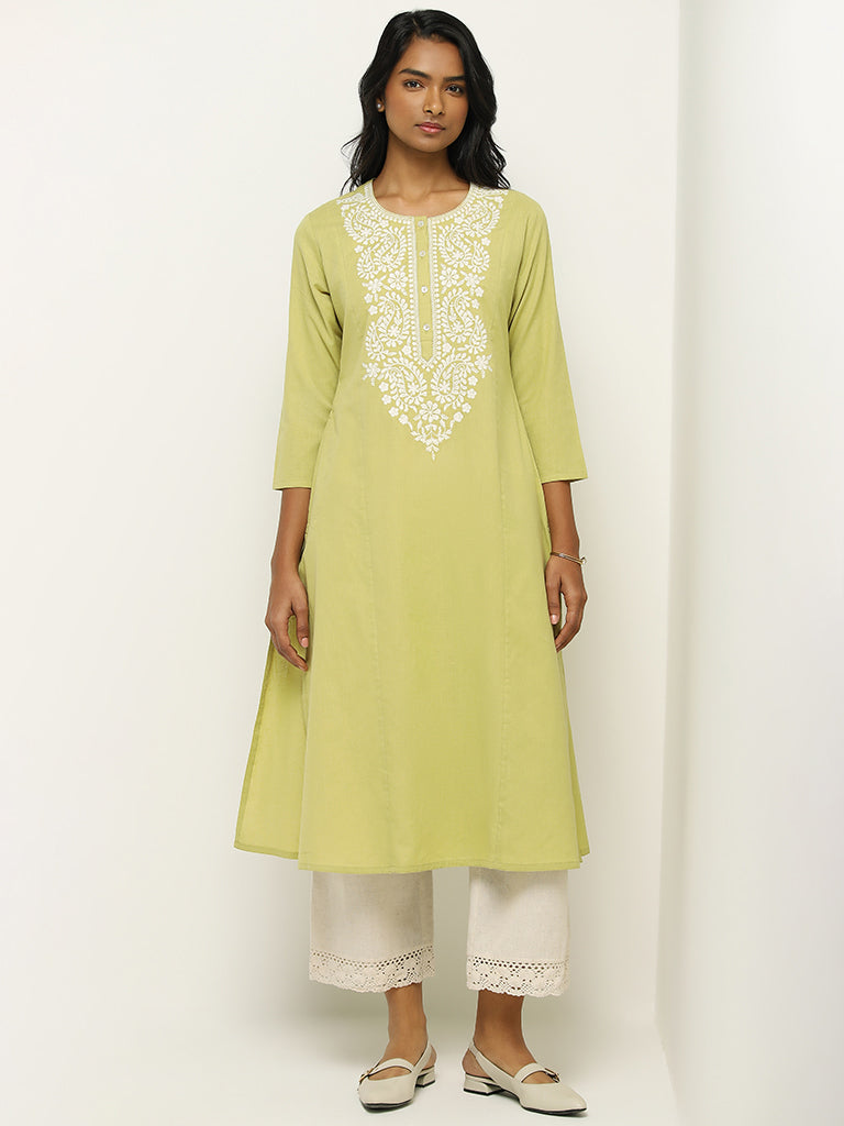 Utsa Lime Lucknow Embroidered Blended Linen Kurta