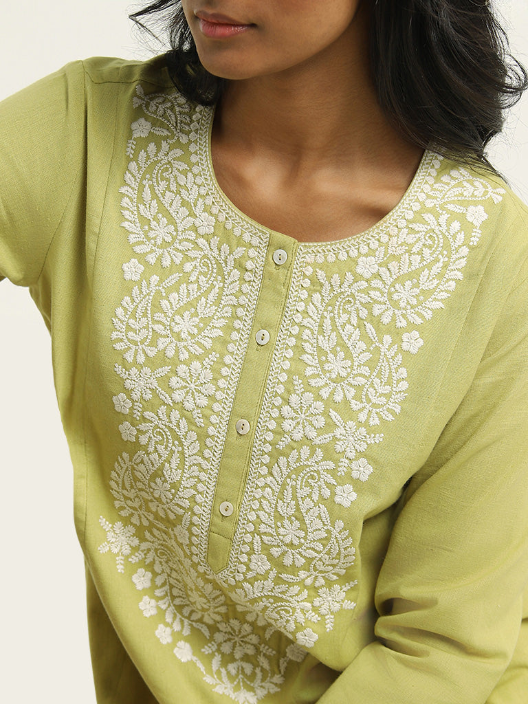 Utsa Lime Lucknow Embroidered Blended Linen Kurta