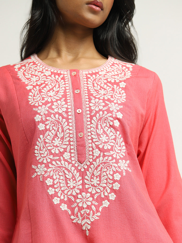 Utsa Pink Lucknow Embroidered Blended Linen Kurta