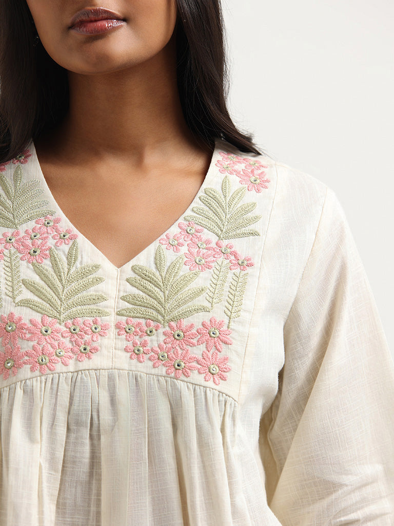 Utsa White Floral Embroidered Cotton Tunic