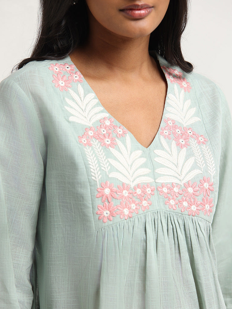 Utsa Green Floral Embroidered Cotton Tunic