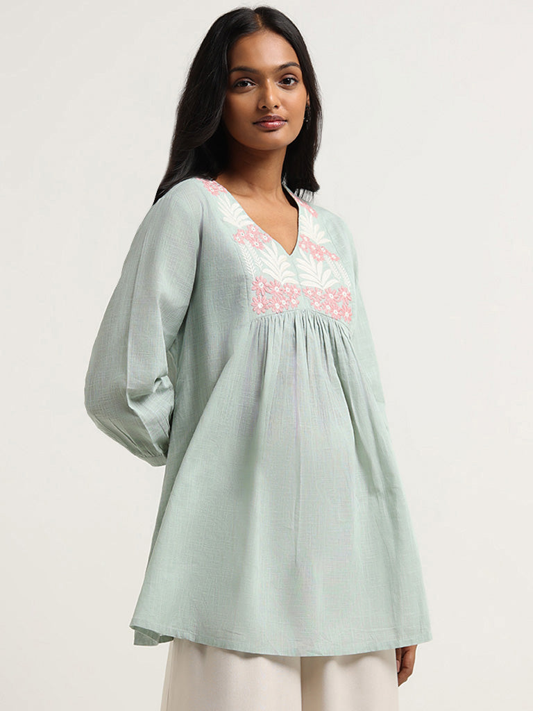 Utsa Green Floral Embroidered Cotton Tunic