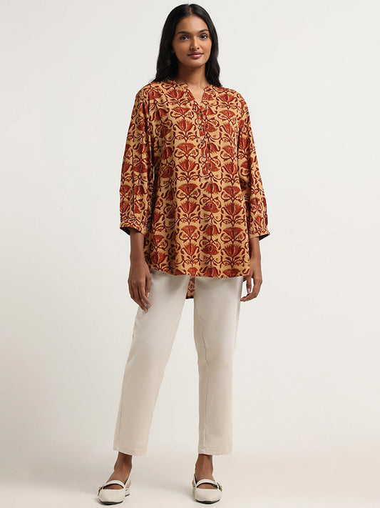 Utsa Mustard Floral Printed Cotton Tunic