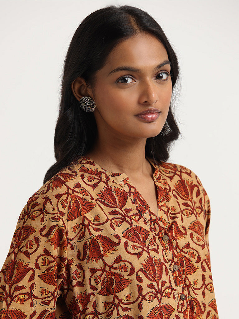 Utsa Mustard Floral Printed Cotton Tunic