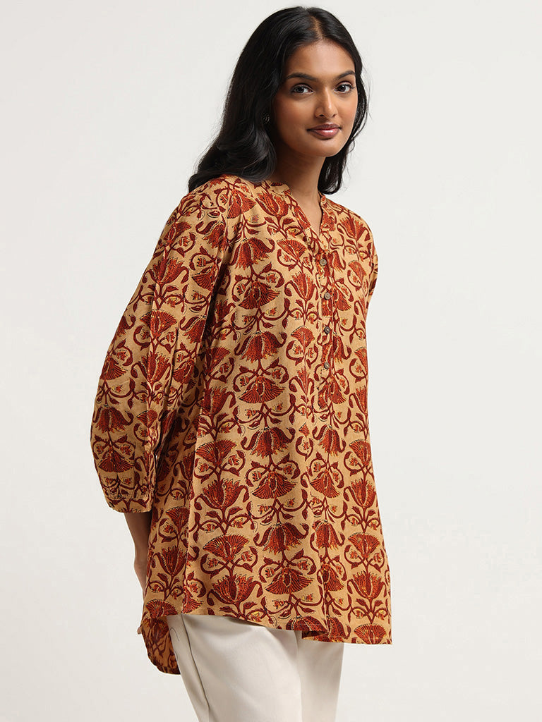 Utsa Mustard Floral Printed Cotton Tunic