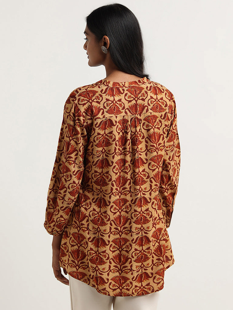 Utsa Mustard Floral Printed Cotton Tunic