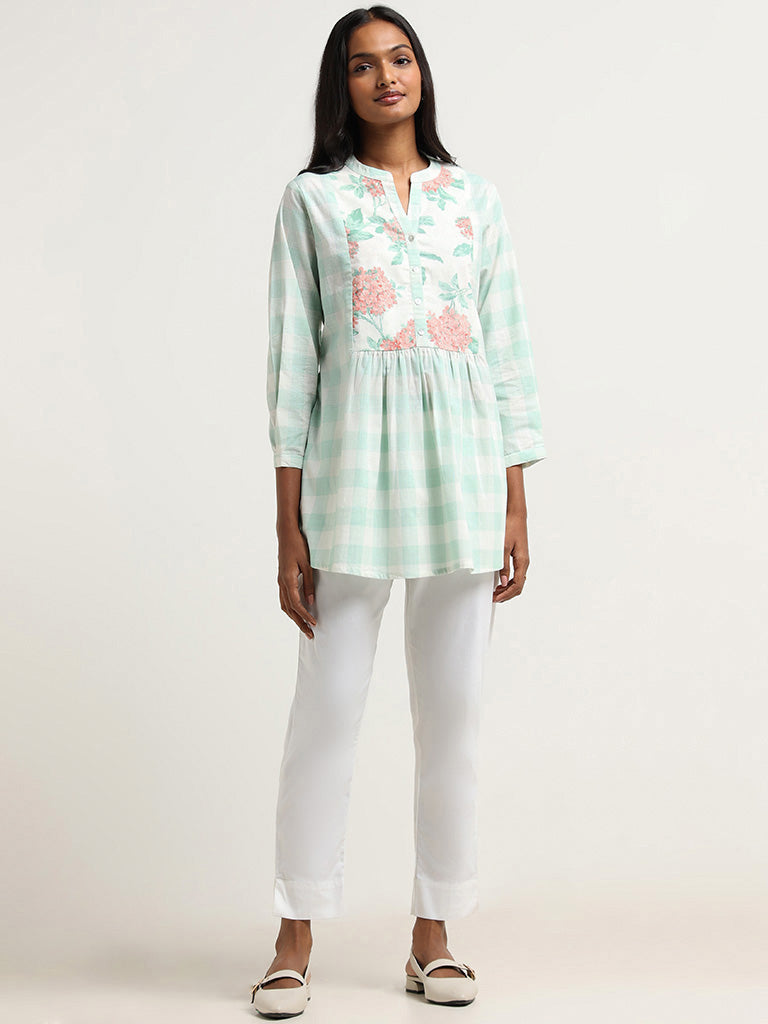 Utsa Aqua Floral Printed Checked Cotton Tunic