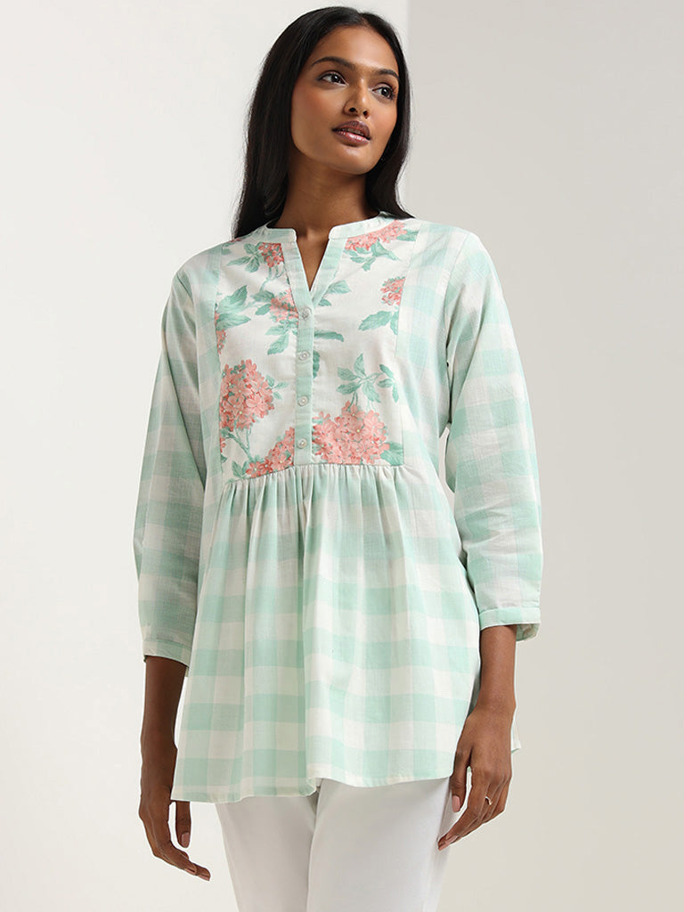 Utsa Aqua Floral Printed Checked Cotton Tunic