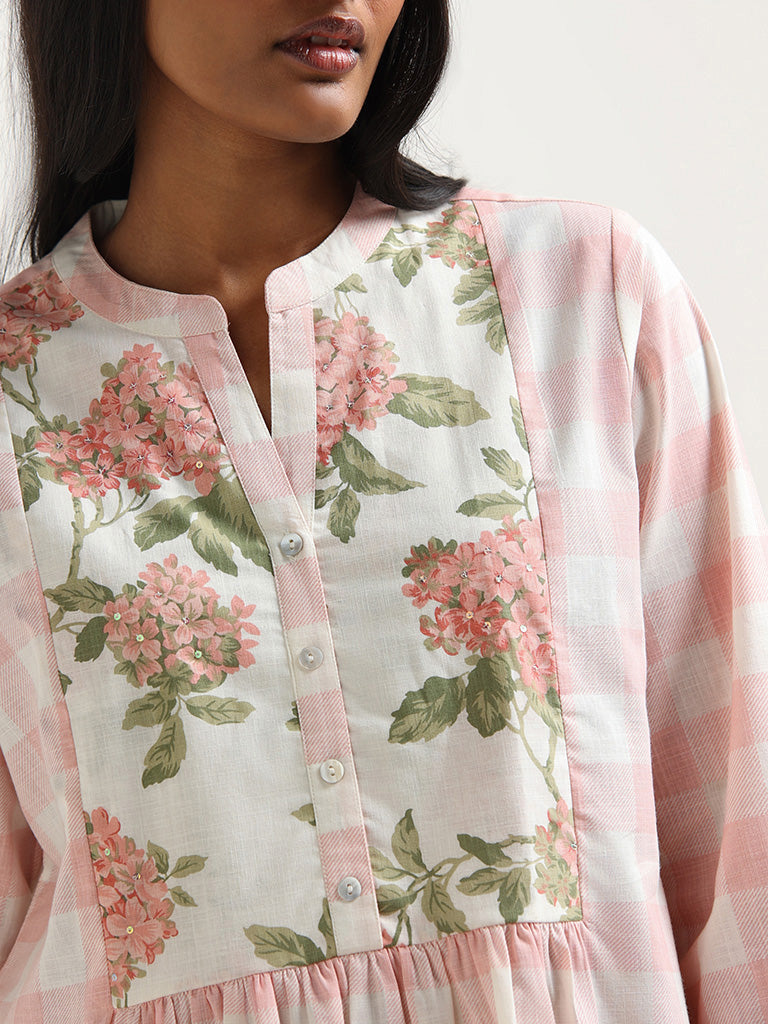 Utsa Peach Floral Printed Checked Cotton Tunic