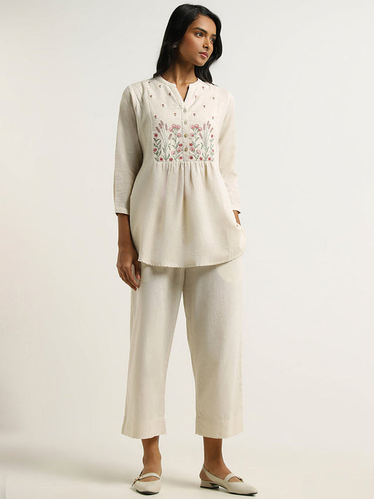 Utsa Off White Embroidered Cotton Tunic