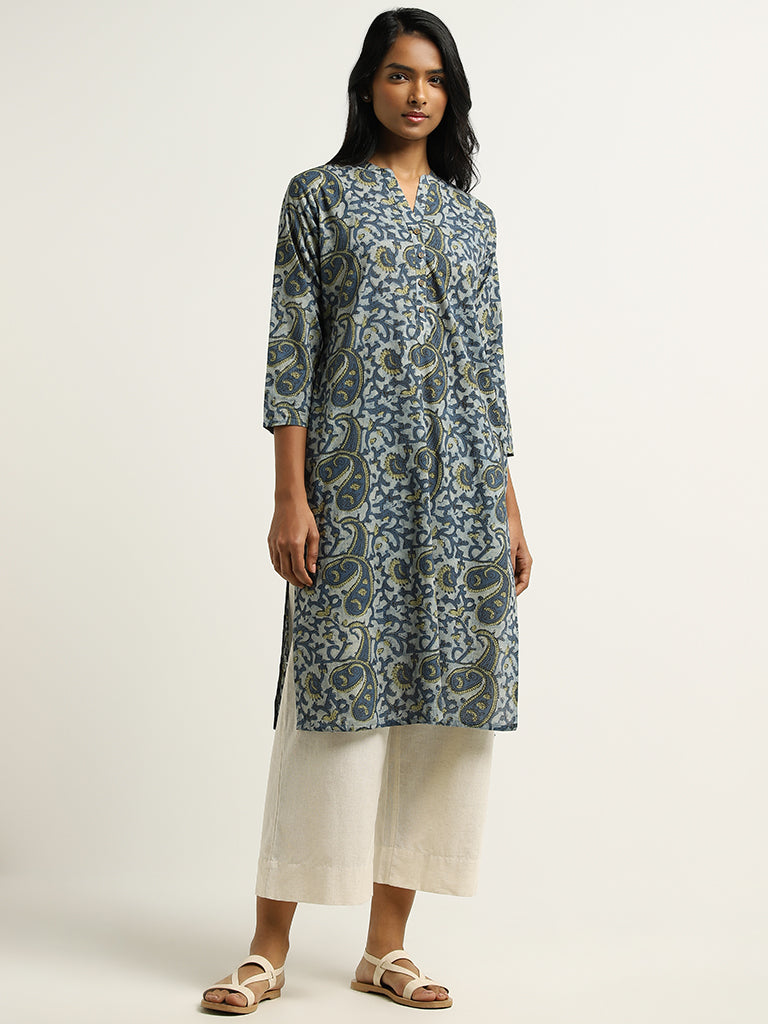 Utsa Blue Paisley Printed Cotton Kurta