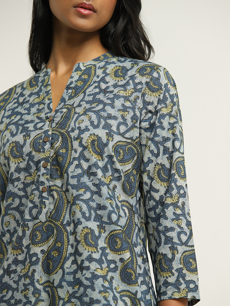 Utsa Blue Paisley Printed Cotton Kurta