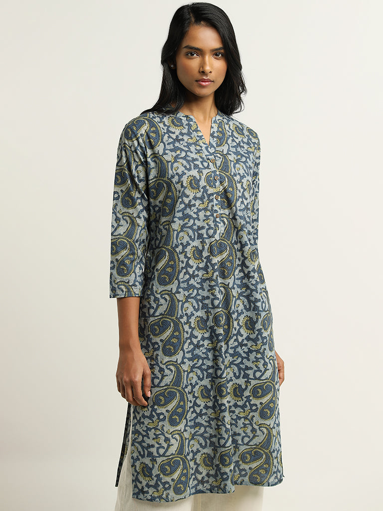 Utsa Blue Paisley Printed Cotton Kurta