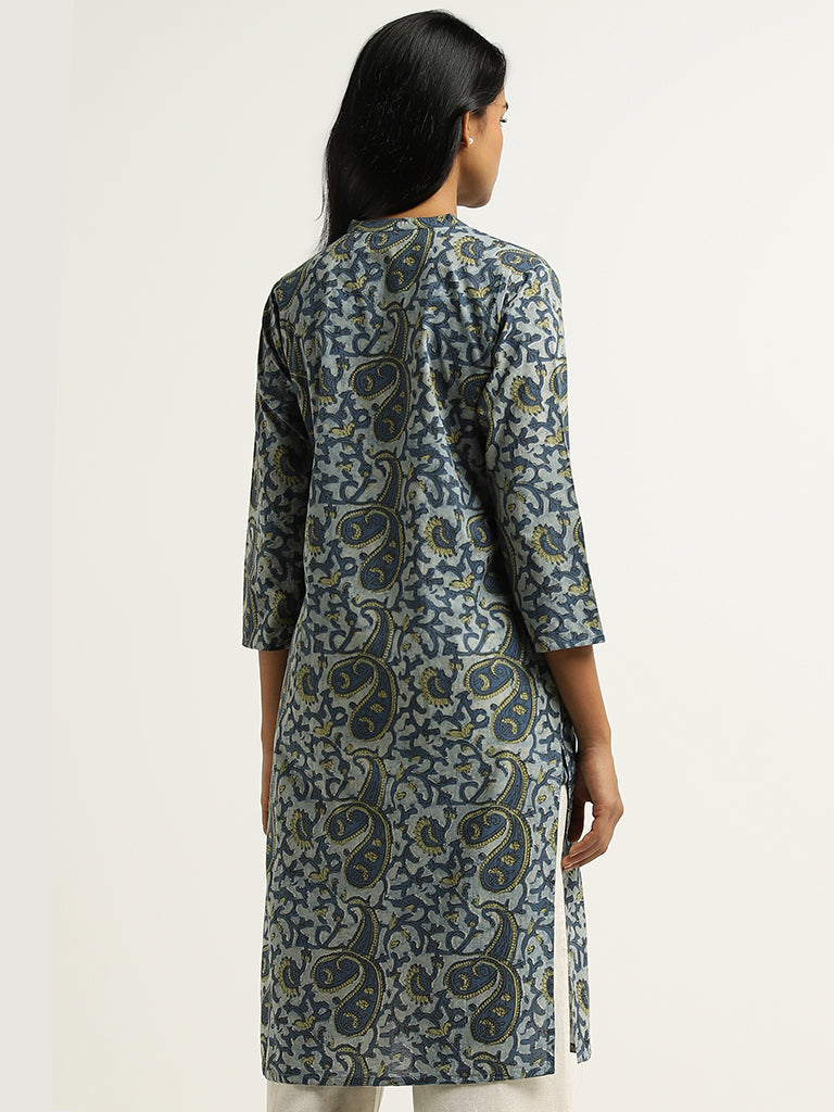 Utsa Blue Paisley Printed Cotton Kurta