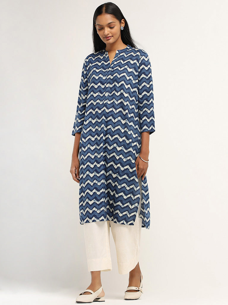 Utsa Blue Printed Cotton Kurta