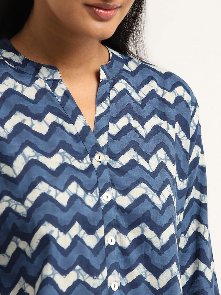 Utsa Blue Printed Cotton Kurta