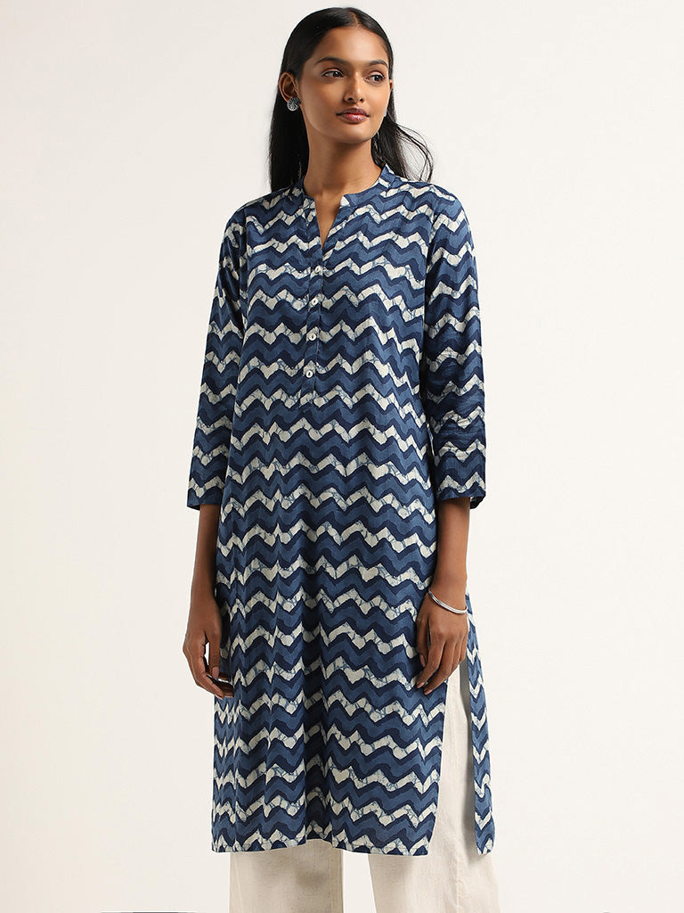 Utsa Blue Printed Cotton Kurta