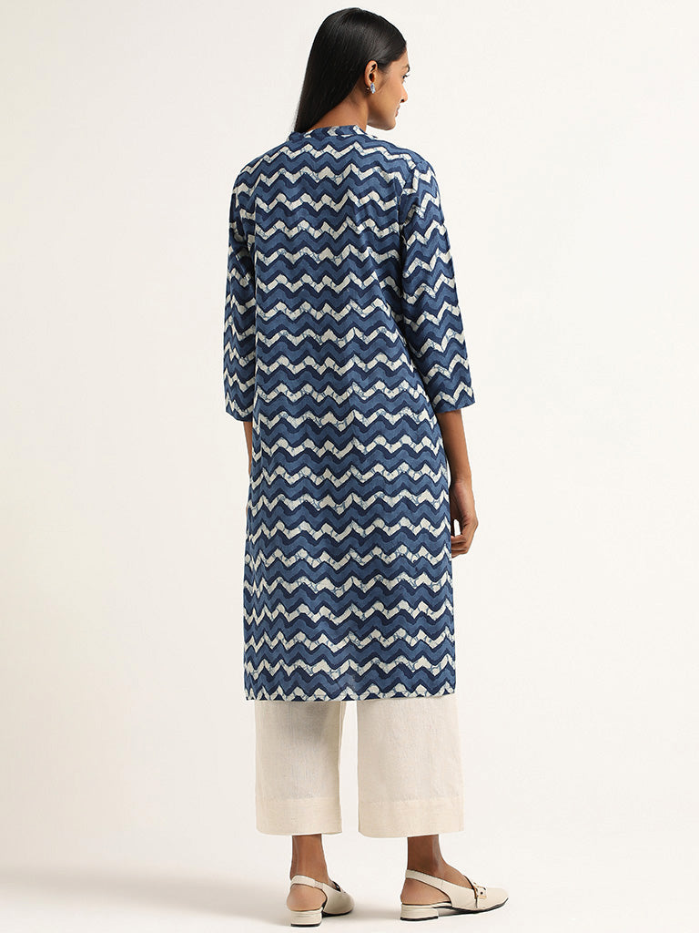 Utsa Blue Printed Cotton Kurta