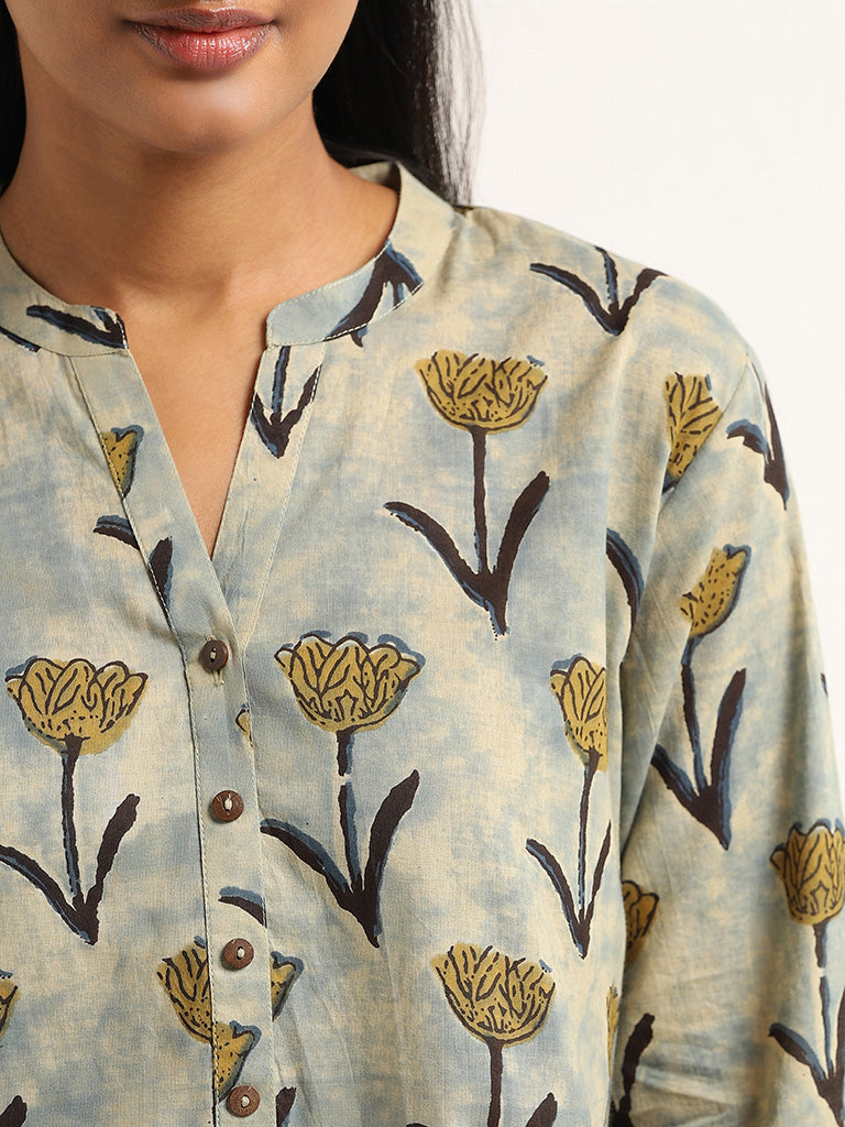 Utsa Indigo Floral Cotton Kurta