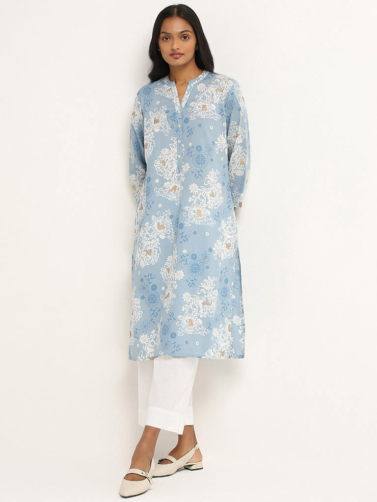 Utsa Light Blue Floral Cotton Kurta