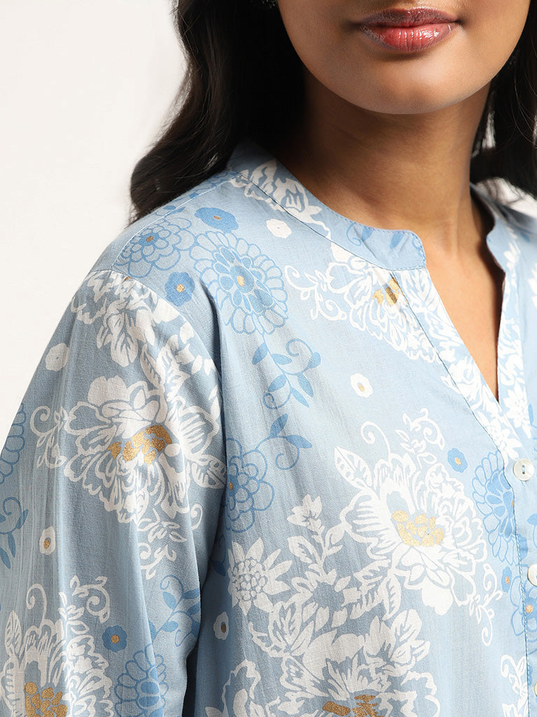 Utsa Light Blue Floral Cotton Kurta