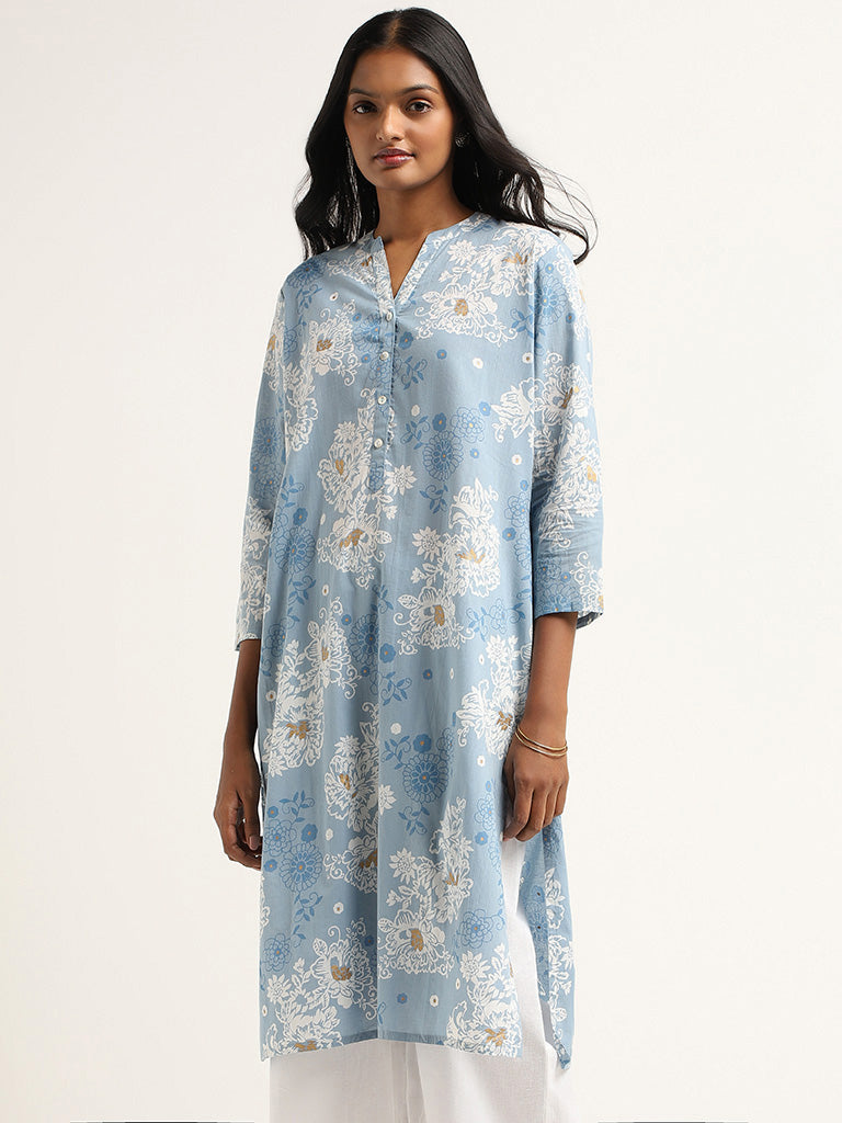 Utsa Light Blue Floral Cotton Kurta