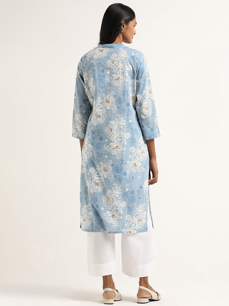 Utsa Light Blue Floral Cotton Kurta