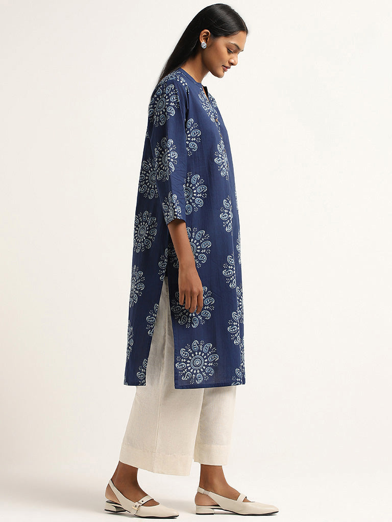 Utsa Blue Printed Cotton Kurta