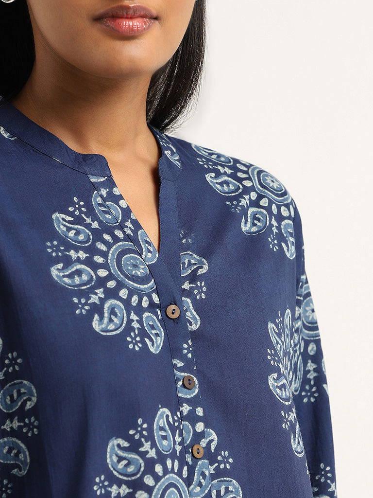 Utsa Blue Printed Cotton Kurta