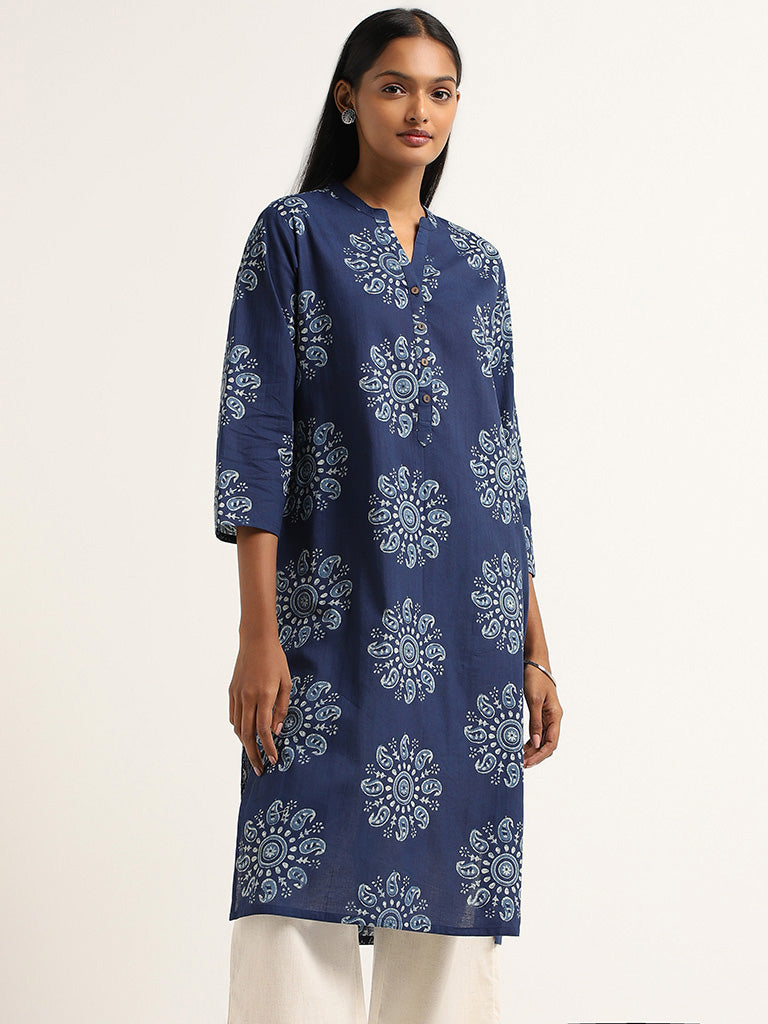 Utsa Blue Printed Cotton Kurta