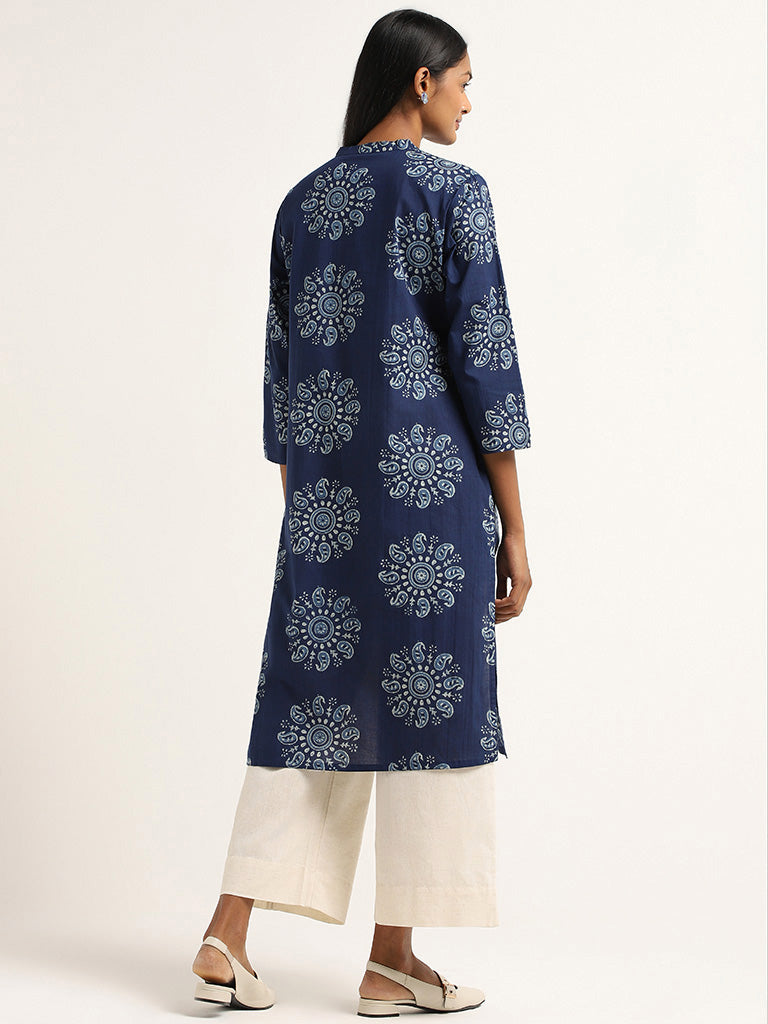 Utsa Blue Printed Cotton Kurta