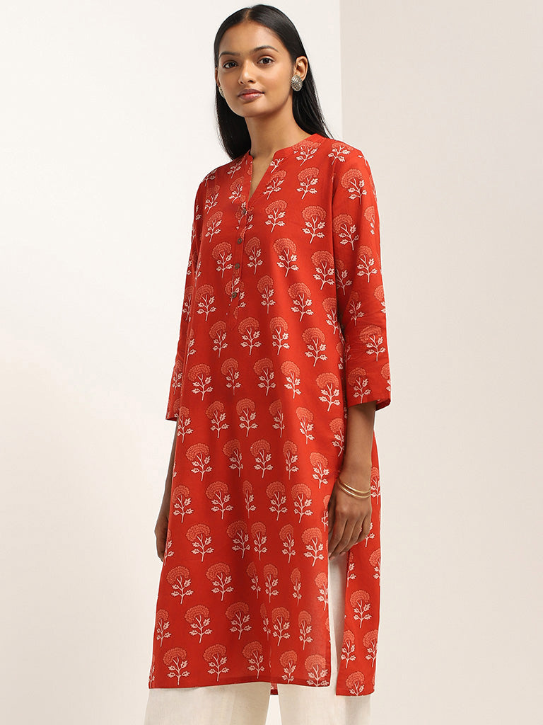 Utsa Red Bold Printed Cotton Kurta