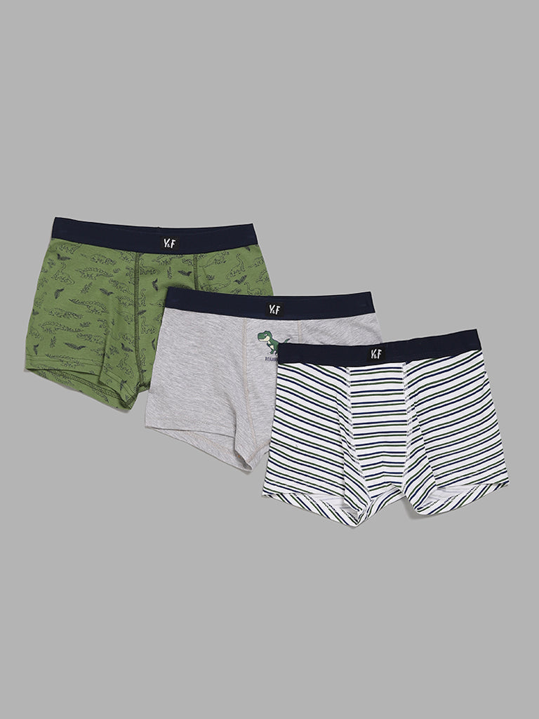 Y&F Kids Green Printed Briefs - Pack Of 3