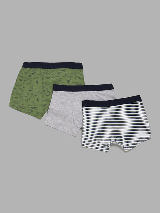 Y&F Kids Green Printed Briefs - Pack Of 3