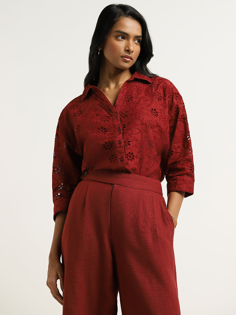 LOV Maroon Cotton Schiffli Shirt