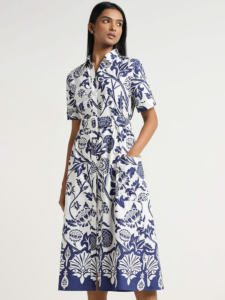 LOV Navy Printed Cotton Midi Dress with Belt