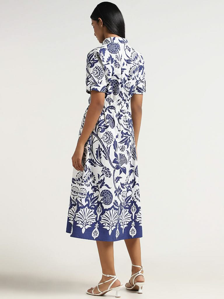 LOV Navy Printed Cotton Midi Dress with Belt