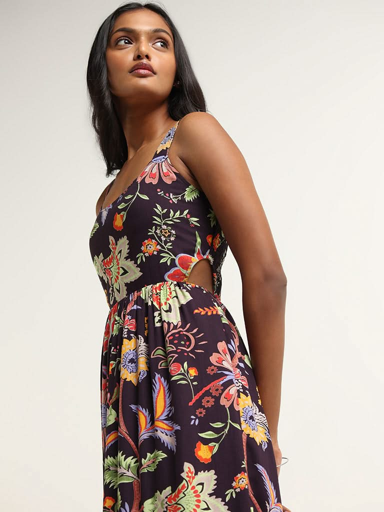 LOV Dark Purple Printed Tiered Dress