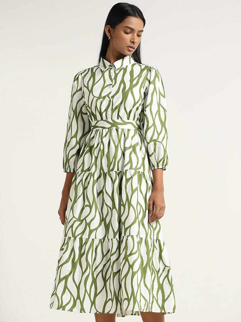 LOV Olive Printed Cotton Midi Dress with Belt