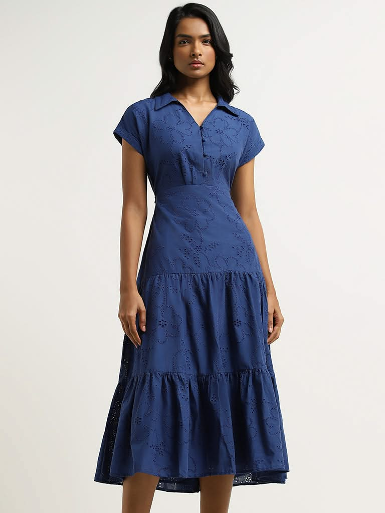 LOV Blue Schiffli Back Cotton Cut Out Dress