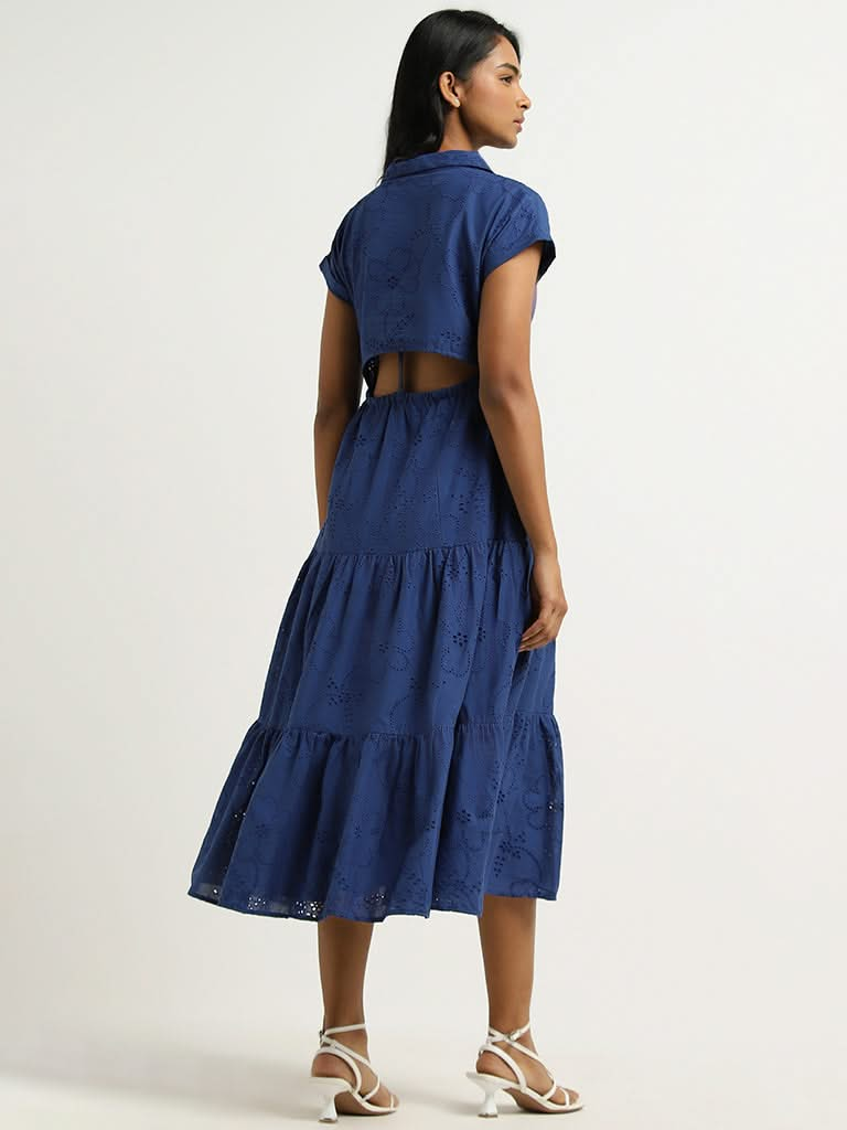 LOV Blue Schiffli Back Cotton Cut Out Dress