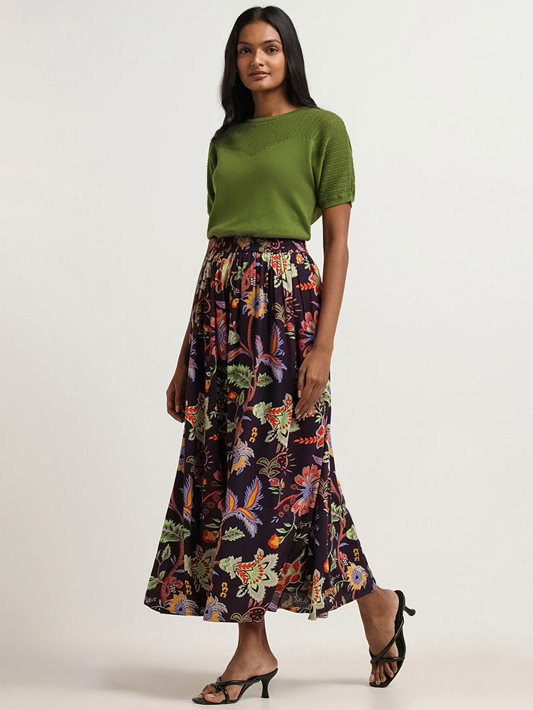 LOV Dark Purple Floral Printed Skirt